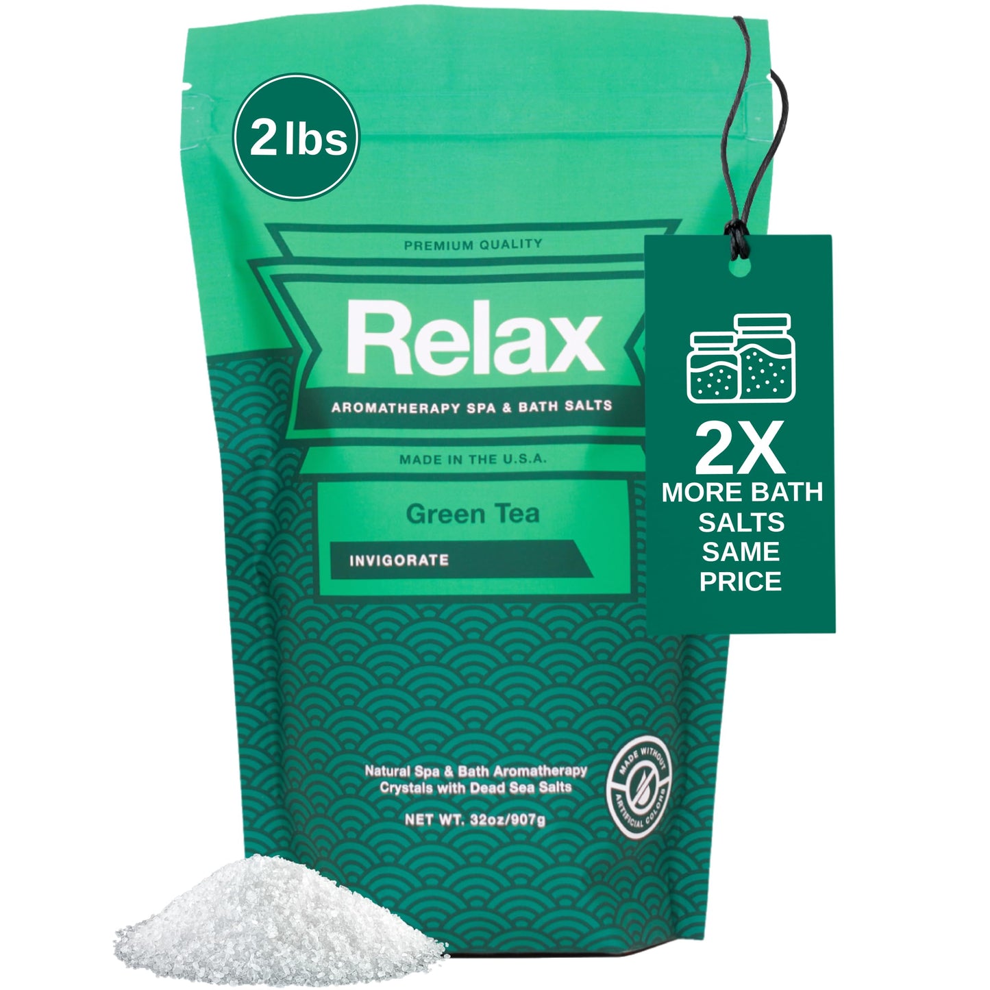 Relax Spa & Bath Aromatherapy Bath Salts for Hot Tub, Bath, or Spa, 2LB Bag Infused with Magnesium, Bath Salt for Soaking, Green Tea Scent