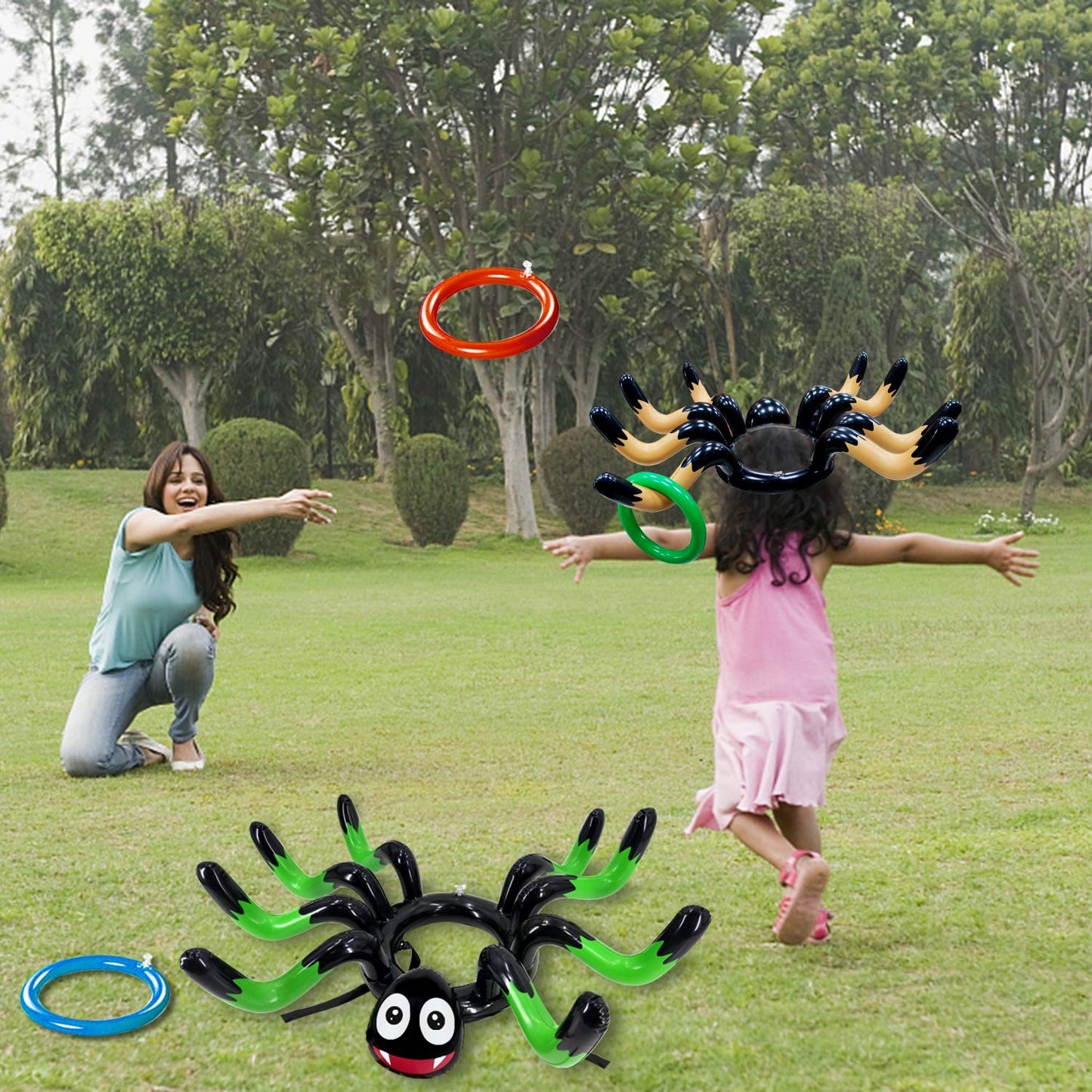 10 PCS Giant Halloween Ring Toss Games Inflatable Spider for Kids Adult Indoor Outdoor Carnival Family Party Games Spider Toys Halloween School Party Favors (2 Giant Spiders, 8 Rings)