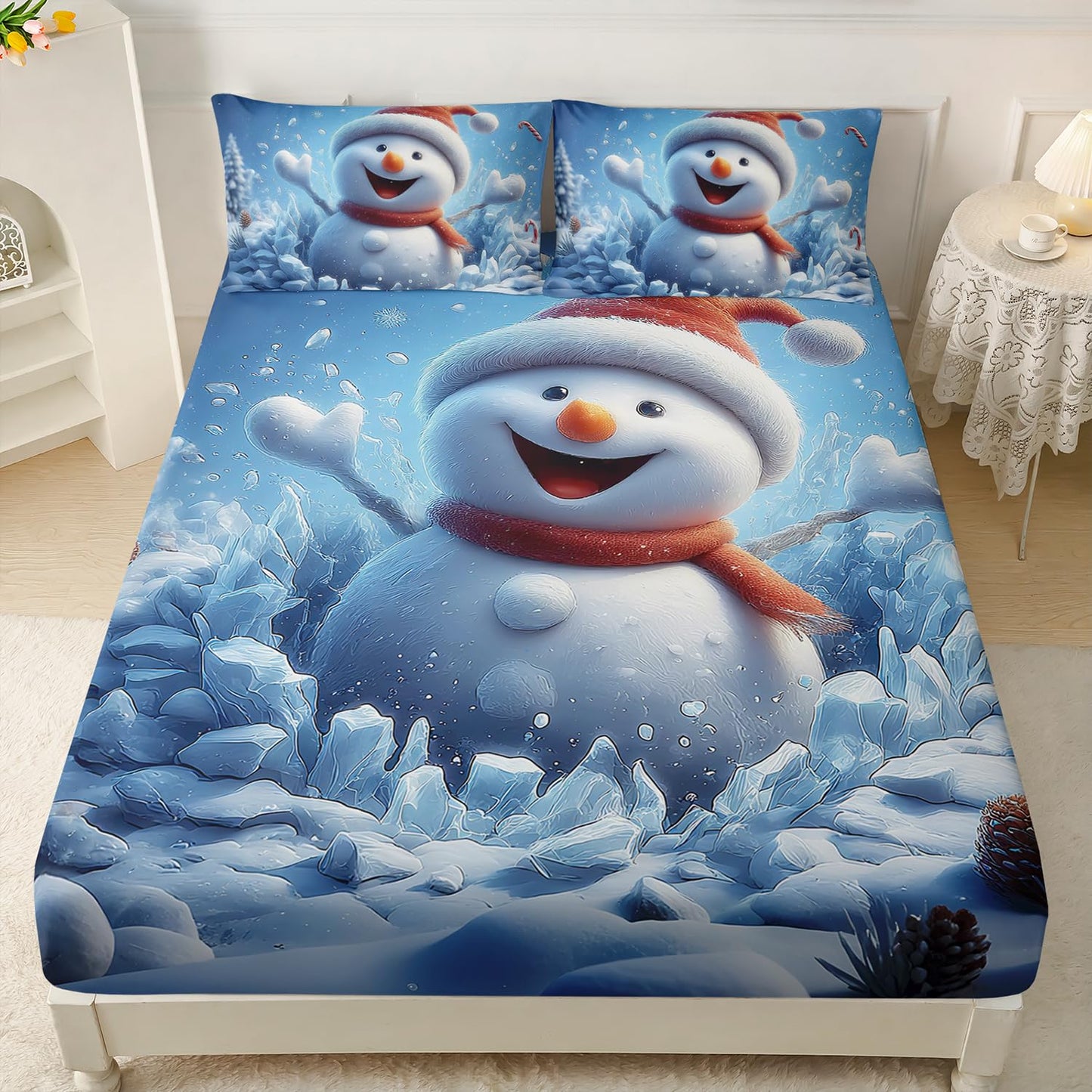 HOSIMA Snowman Twin Fitted Sheet for Kids,Cute Smiling Snowman Print Christmas Bedding Set,Candy Pattern Festival Bedding for Boys Girls Room Decor,1 Fitted Sheet+2 Pillowcases.