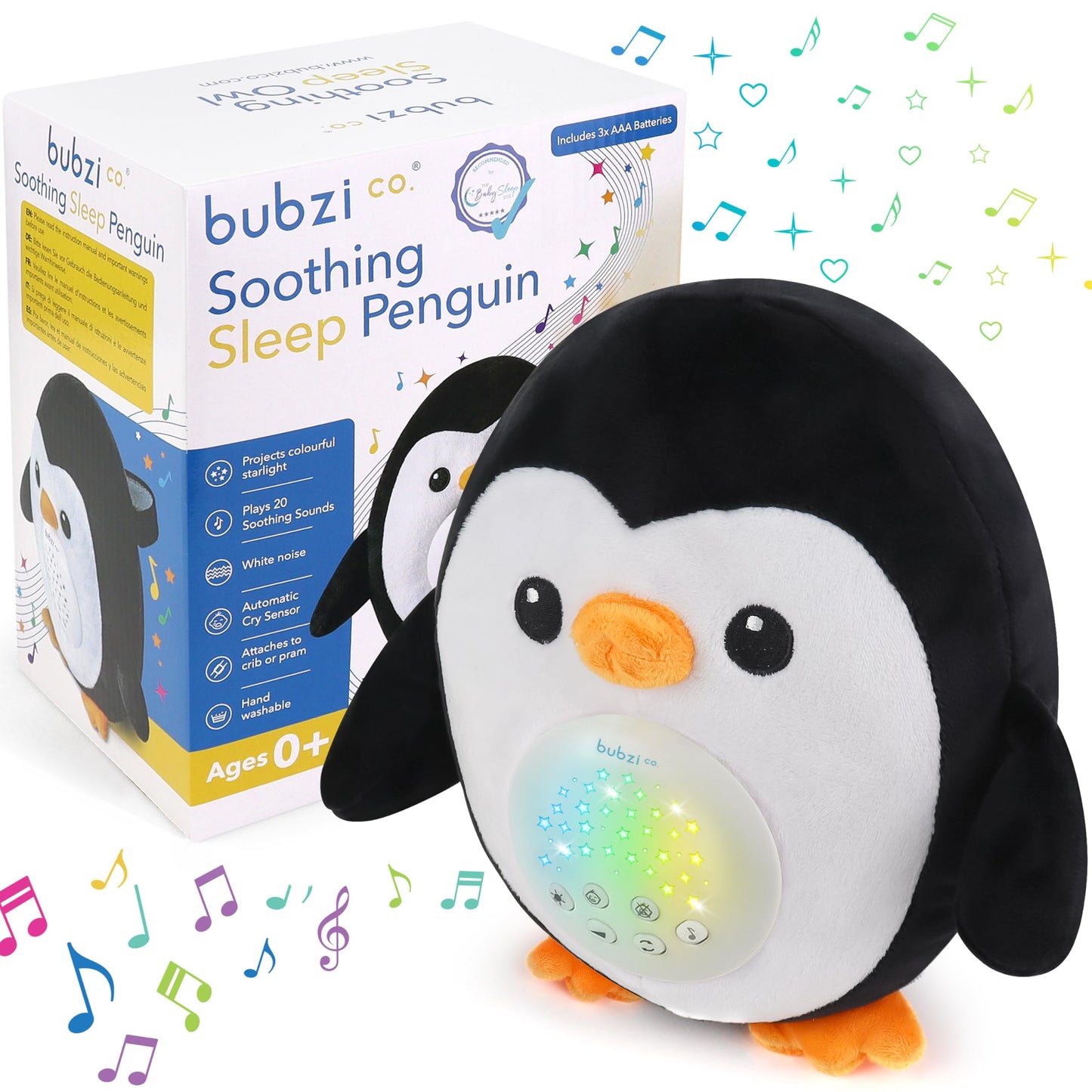 Bubzi Co Sound Machine, Portable Penguin Soother & Night Light Projector, Comforting Electronic Infant Toddler Sleep Aid With White Noise
