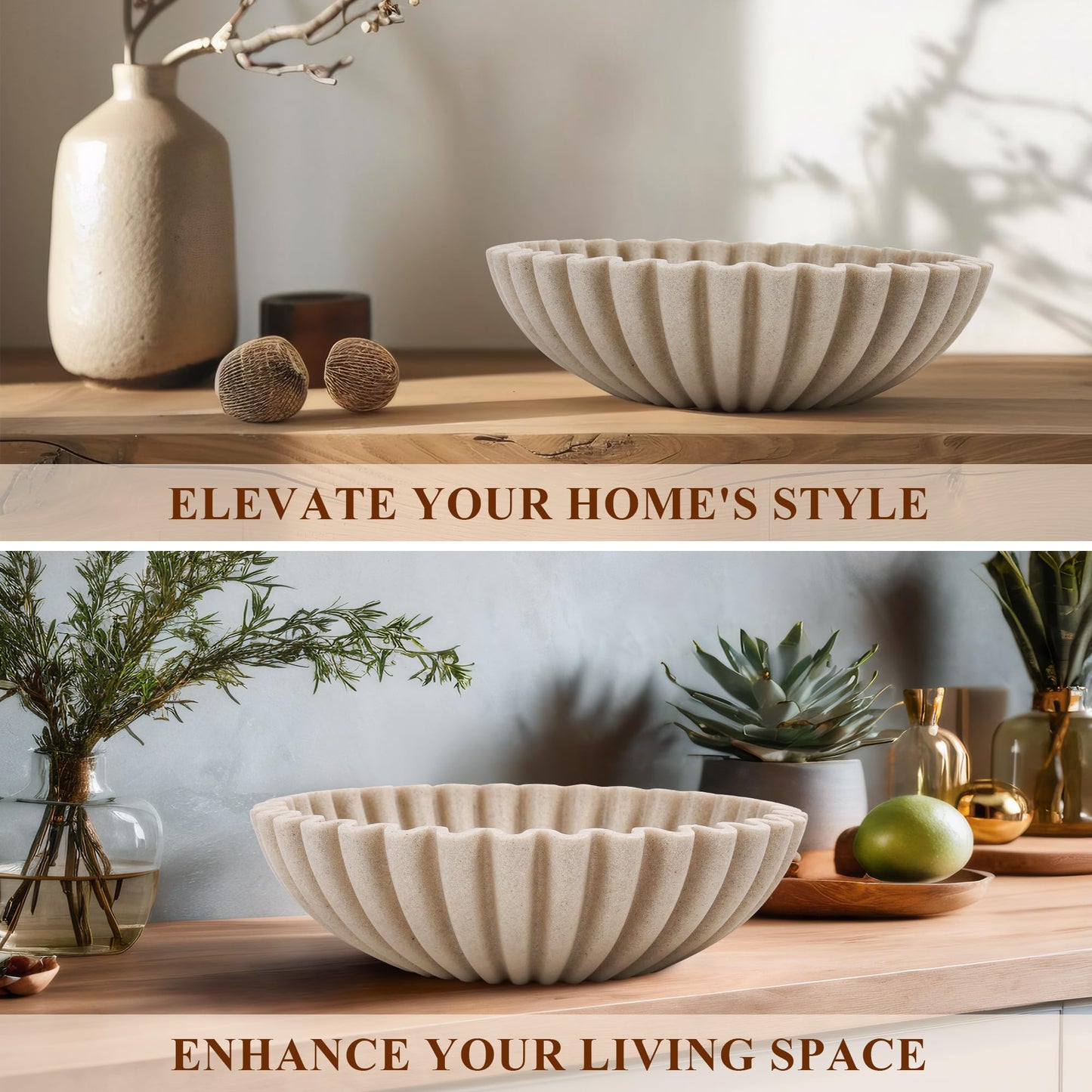 YMXYJM Large Decorative Bowl, Modern Handicraft Bowls for Home Decor, Fruit Bowl for Kitchen Counter, Ruffle Decor, Stylish Key Bowl for Entry Table, Artificial Stone Beige