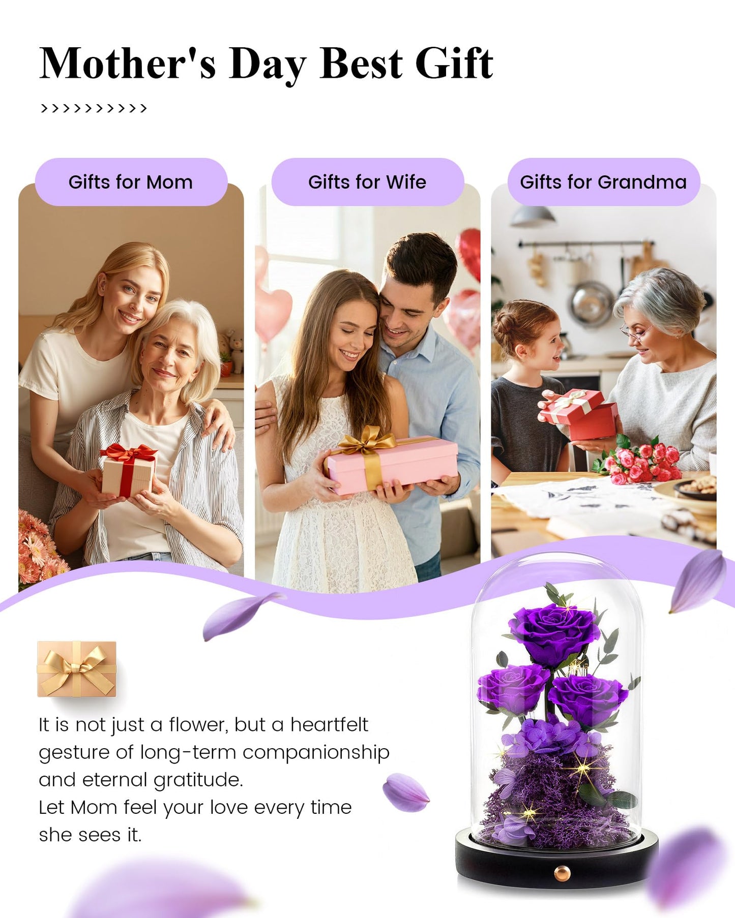 DENIMOMO Mothers Day Roses Gifts for Mom,Forever Purple Preserved Rose in Glass Dome,Mothers Day Real Flowers Roses Gifts for Wife Women Mom Grandma/Purple
