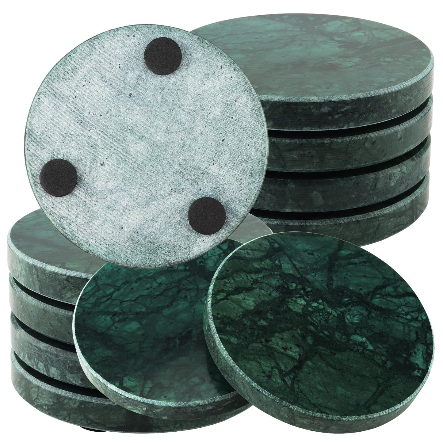 HEIHAK 8 PCS 4 Inches Marble Coasters, Round Stone Decorative Modern Coasters with Non-Slip Bottom for Glasses, Cups, Mugs, Emerald