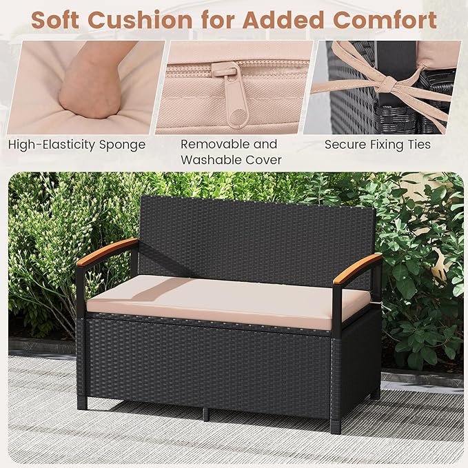 RELAX4LIFE Wicker Outdoor Storage Bench, Rattan Deck Box w/Protective Liner for Patio Furniture Pillows & Garden Tools, Porch Loveseat with Seat Cushion, Acacia Wood Armrests (Black-Beige)