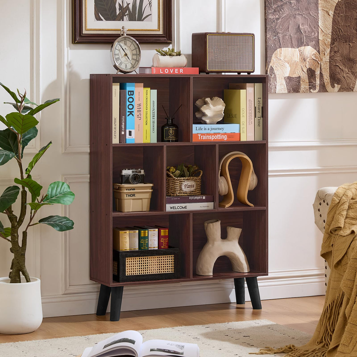 LEYAOYAO 7 Cube Bookshelf 3-Tier Bookcase with Legs, Mint-Walnut Kids Book Shelf Cute Storage Organizer, Toy Shelves Bookshelves,Wood Display Bookcases