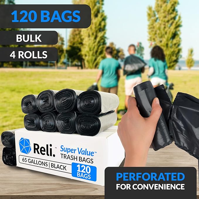 Reli. SuperValue 65 Gallon Trash Bags | 120 Count | Made in USA | Heavy Duty |
