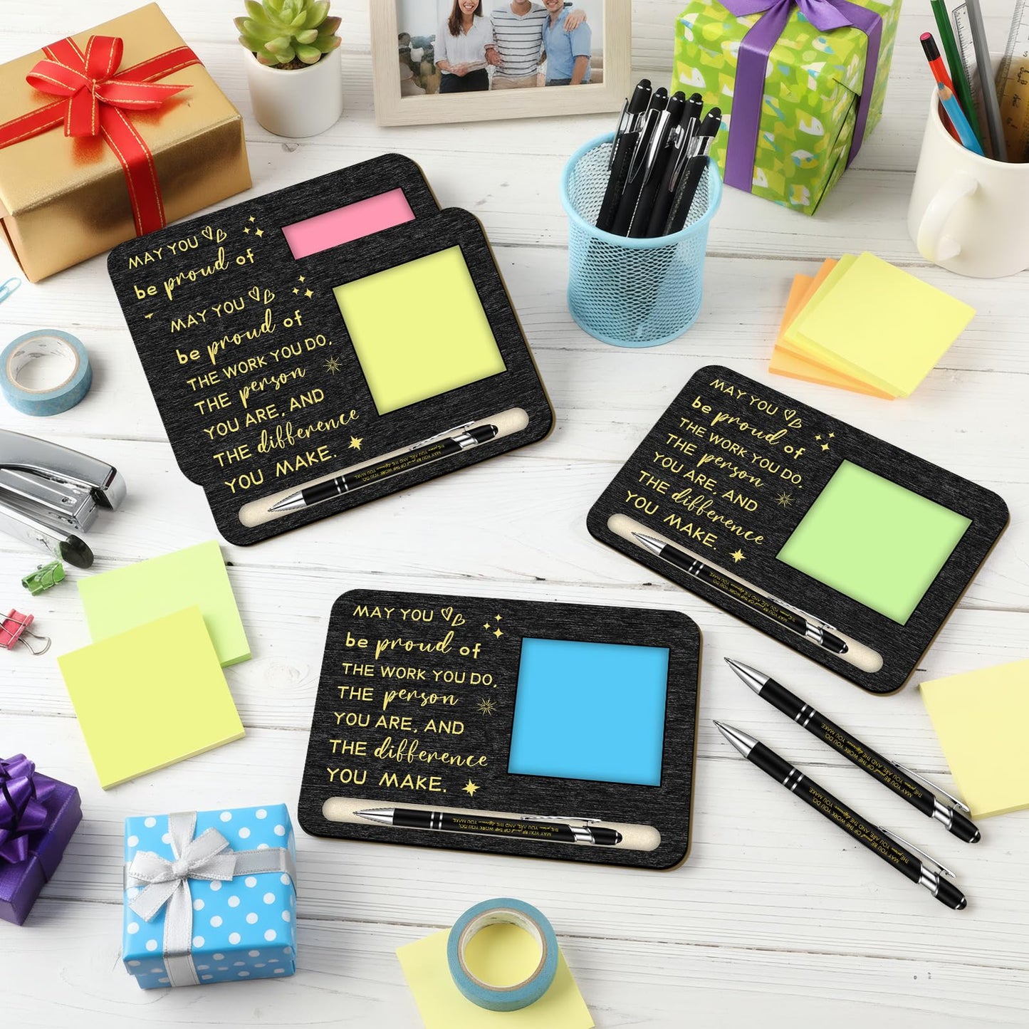 Kosiz 10 Set Employee Appreciation Gifts Bulk May You Be Proud Wooden Sticky Note Holder with Notes and Ballpoint Pens Appreciation Thank You Gift for Team Employee Office Supplies