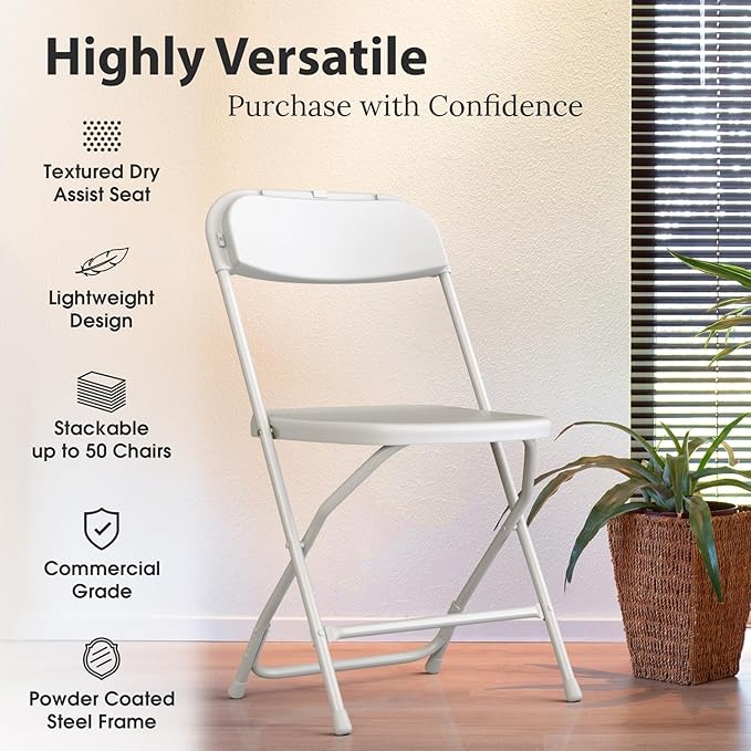 4 PACK White Foldable Plastic Chair | Folding & Stackable | 350 lbs Capacity Steel Frame Seats for Indoor Outdoor | Commercial Use Events Wedding Party Events Bulk Picnic Kitchen Dining