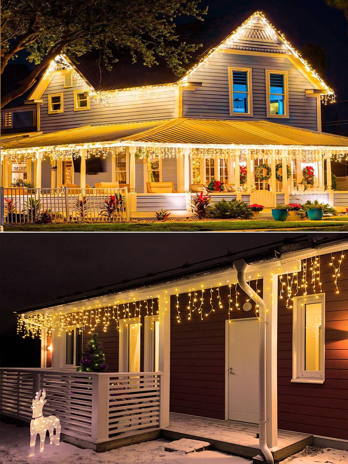 ROSCOO 32.8FT Icicle Lights, Christmas Outdoor with 400LED 75 Drops, IP65 Waterproof Eaves Lights, 8 Modes, for Christmas Eaves Garden Room Decoration Warm White