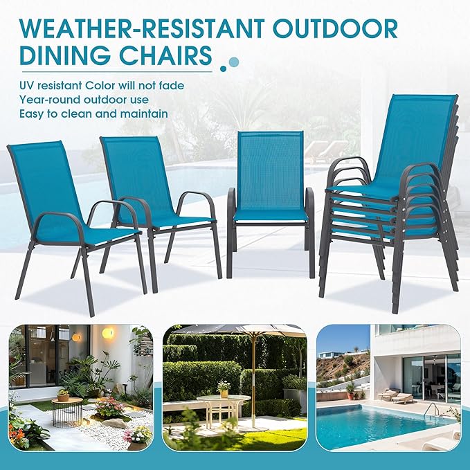 Outdoor Stackable Chairs Set of 8, Stacking Patio Chairs with Textilene Fabric, Outside Furniture for Garden Backyard Balconie Poolside Deck, Blue
