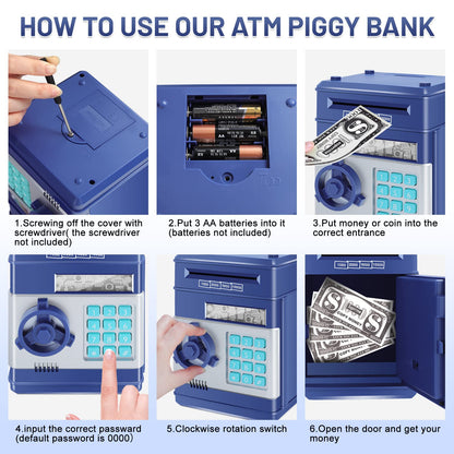 GuDoQi Piggy Bank for Boys Electronic Coin Money Bank Toy for 3 4 5 6 7 8 9 10 Year Old Children, Mini ATM Cash Coin Saving Box for Birthday Gifts Kids Age 3-10, Navy