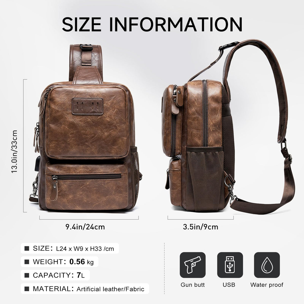 MOYYI EDC Crossbody Bag for Men Leather Sling Bag, Tactical Chest Bag with USB Charging Port, 7L Small Casual Daypacks for Travel