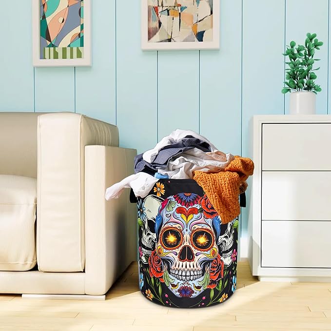Sugar Skull Laundry Basket Skeleton Print Oxford Cloth Laundry Hamper