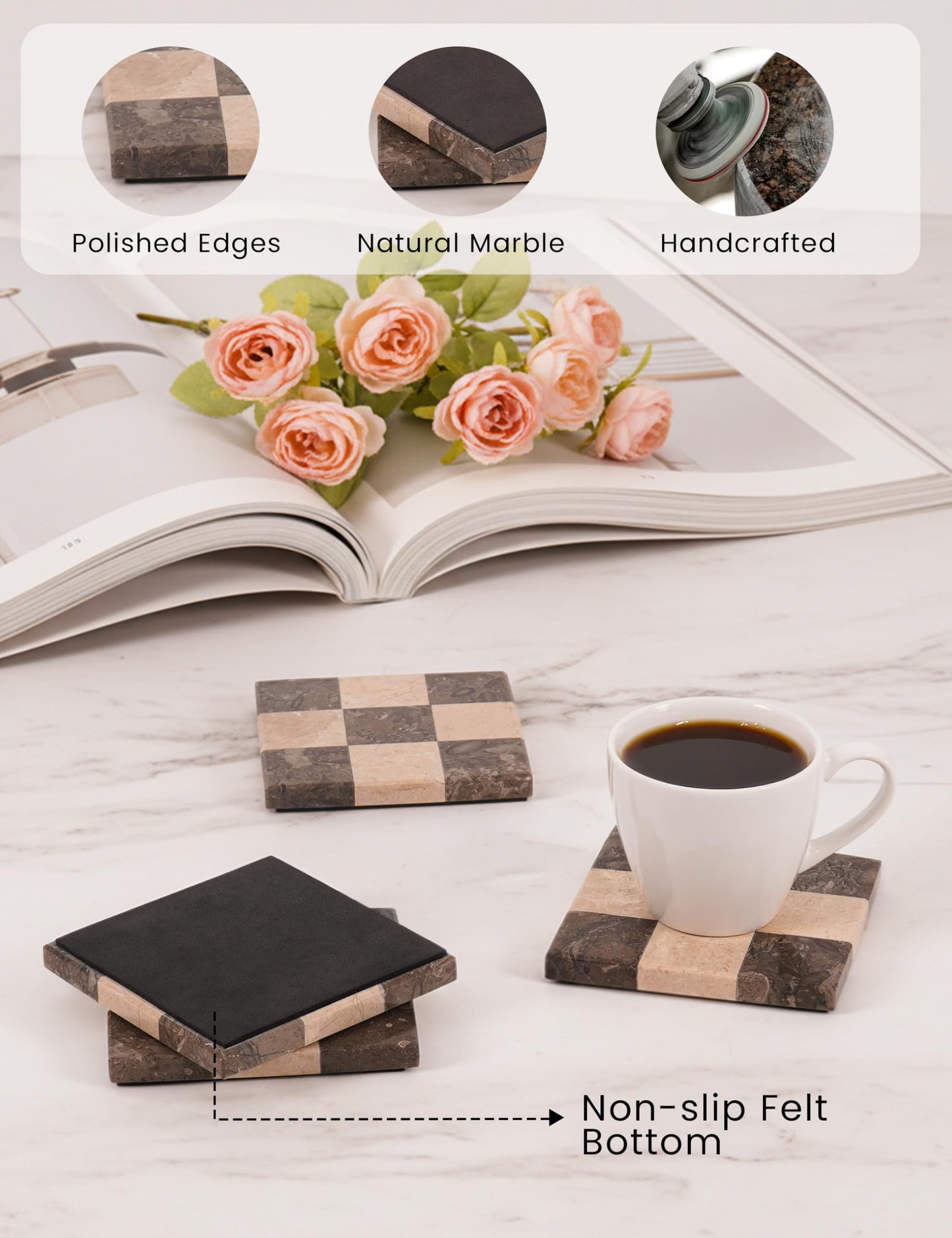 EarthenTones Marble Coasters Set of 4, Oceanic & Verona Handmade 4 inch Square Stone Coaster, Decorative Checkered Cup Coaster for Coffee Table, Housewarming Gift & Luxury Kitchen Accessories