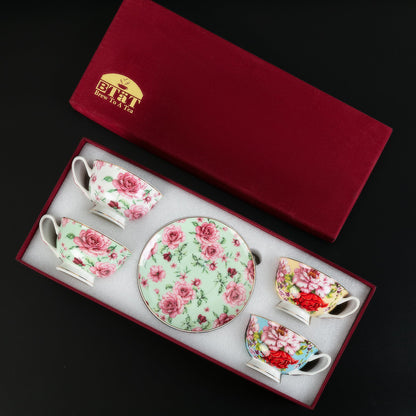 BTaT- Floral Tea Cups and Saucers Set of 4 (8 oz), Porcelain Tea Cup Sets with Gold Trim & Gift Box, Dishwasher & Freezer Safe, Mothers Day Gift