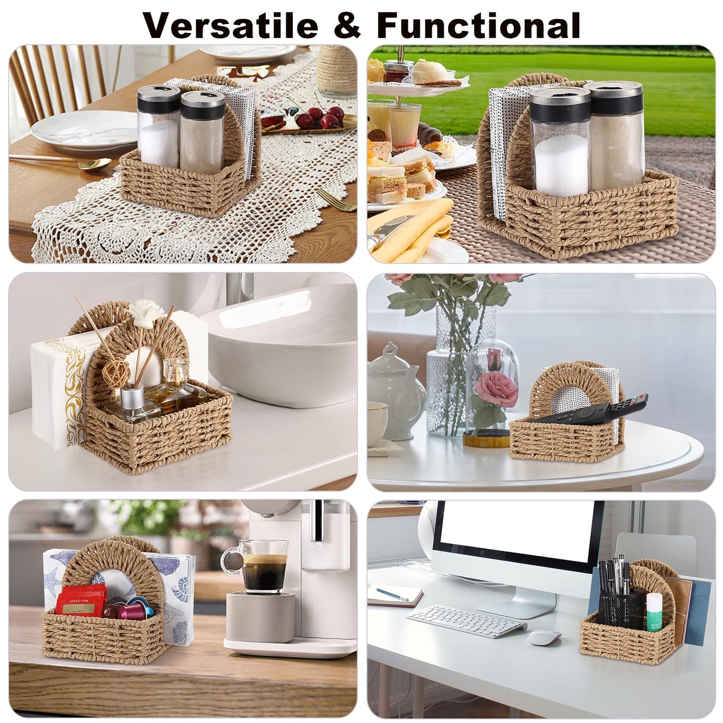 Sumnacon Wicker Napkin Holders with Salt and Pepper Shakers Caddy, Standing Napkin Dispenser with Condiment Tray, Farmhouse Upright Napkin Basket for Kitchen Dining Table Centerpiece (No Shakers)