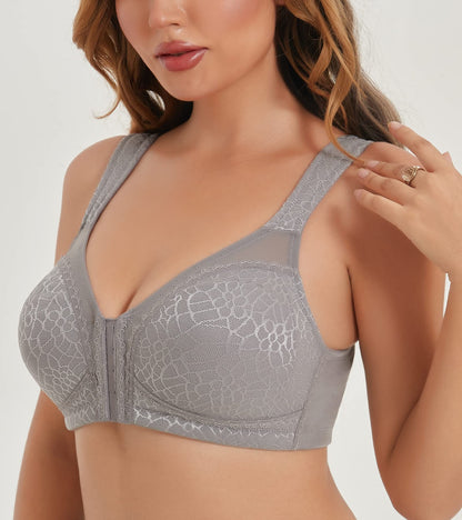 HACI Women's Front Closure Posture Bra Full Coverage Back Support Wireless Unpadded(Grey,40D)