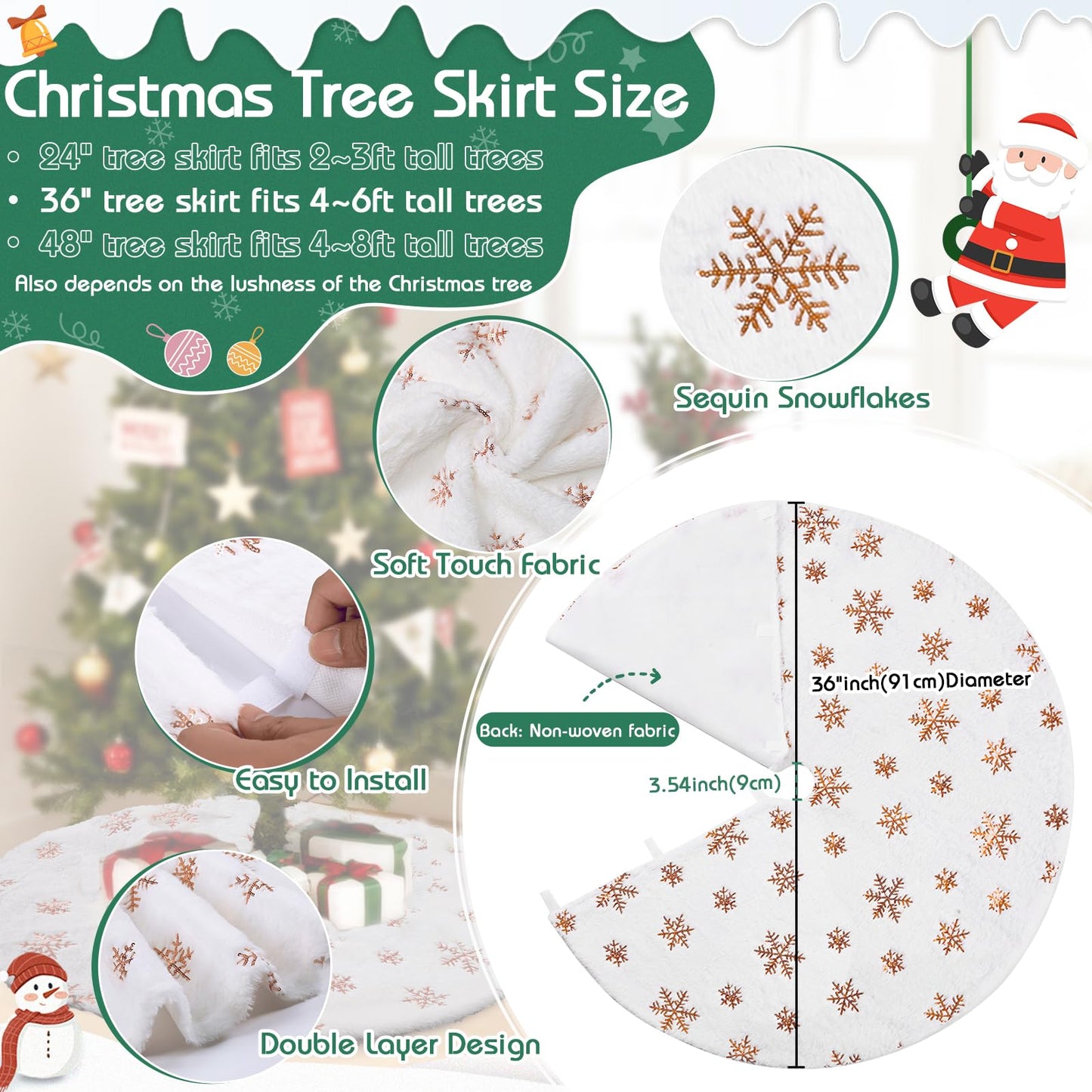 White Tree Skirt Faux Fur Rose Gold Sequin Tree Skirts Small Christmas Tree Skirt Decoration 36inch Double Layers Tree Covers Shiny Tree Floor Mats Fireplace Tree Skirts Fluffy Tree Skirt