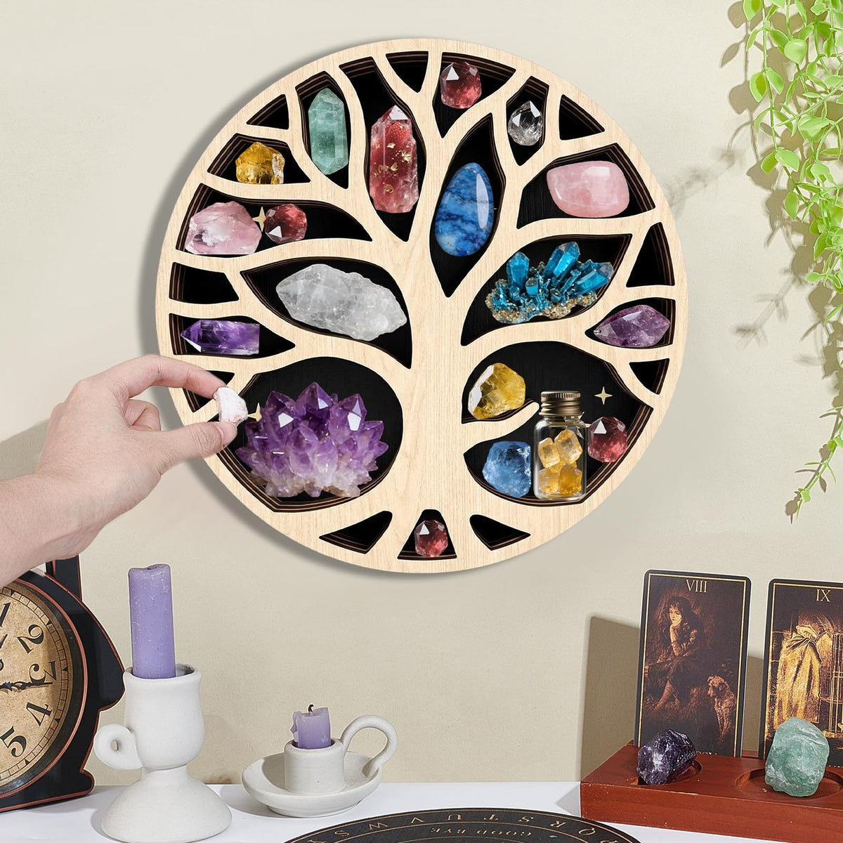 peacoblue Tree of Life Shaped Crystal Display Shelf 11.8" L× 11.8" W× 1.2" Wooden Wall Mounted Decor for Crystals, Gemstones & Trinkets for Bohemian, Witchy & Modern Interiors
