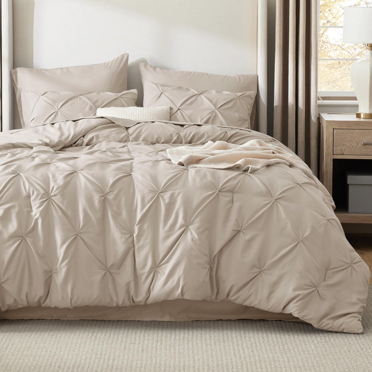 Bedsure Queen Comforter Set Beige - Bed in a Bag Queen Size Bedding 7 Pieces, GentleSoft™ Pintuck Bed Set Gift for Family, All Season Down Alternative Comforter with Sheets, Pillowcases & Shams