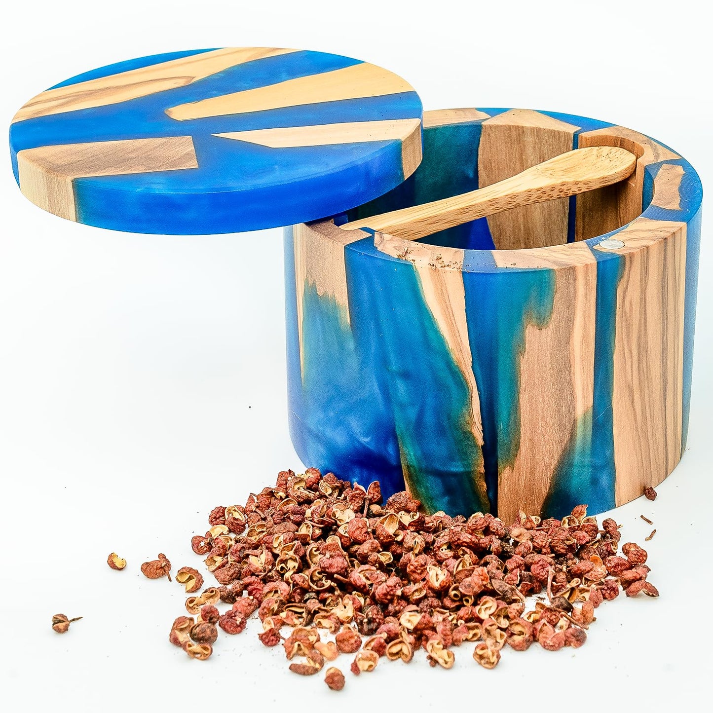 Skikibily Handcrafted Salt Box Resin Wooden Container Swivel Lid with Magnetic to Easily Open Seal Salt Cellar Free Spoon for Storing Salt Pepper Sugar Herbs Small Spice Box Storage Kitchen Accessory
