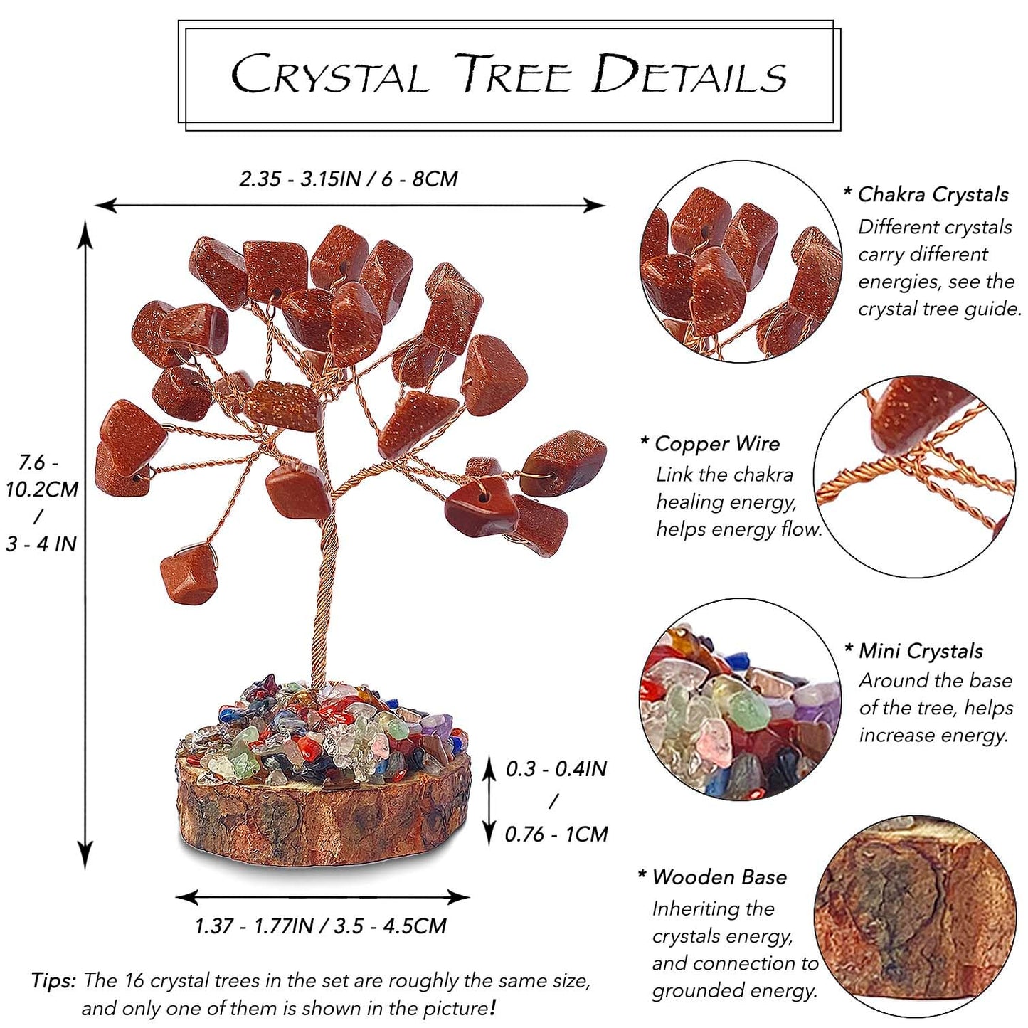 Cereikei 7 Chakra Healing Crystal Tree of Life, Set of 16 Handcrafted Crystals and Healing Stones Trees Collection, Home and Office Feng Shui Decor, Real Natural Crystal Tree Set with Info Guide