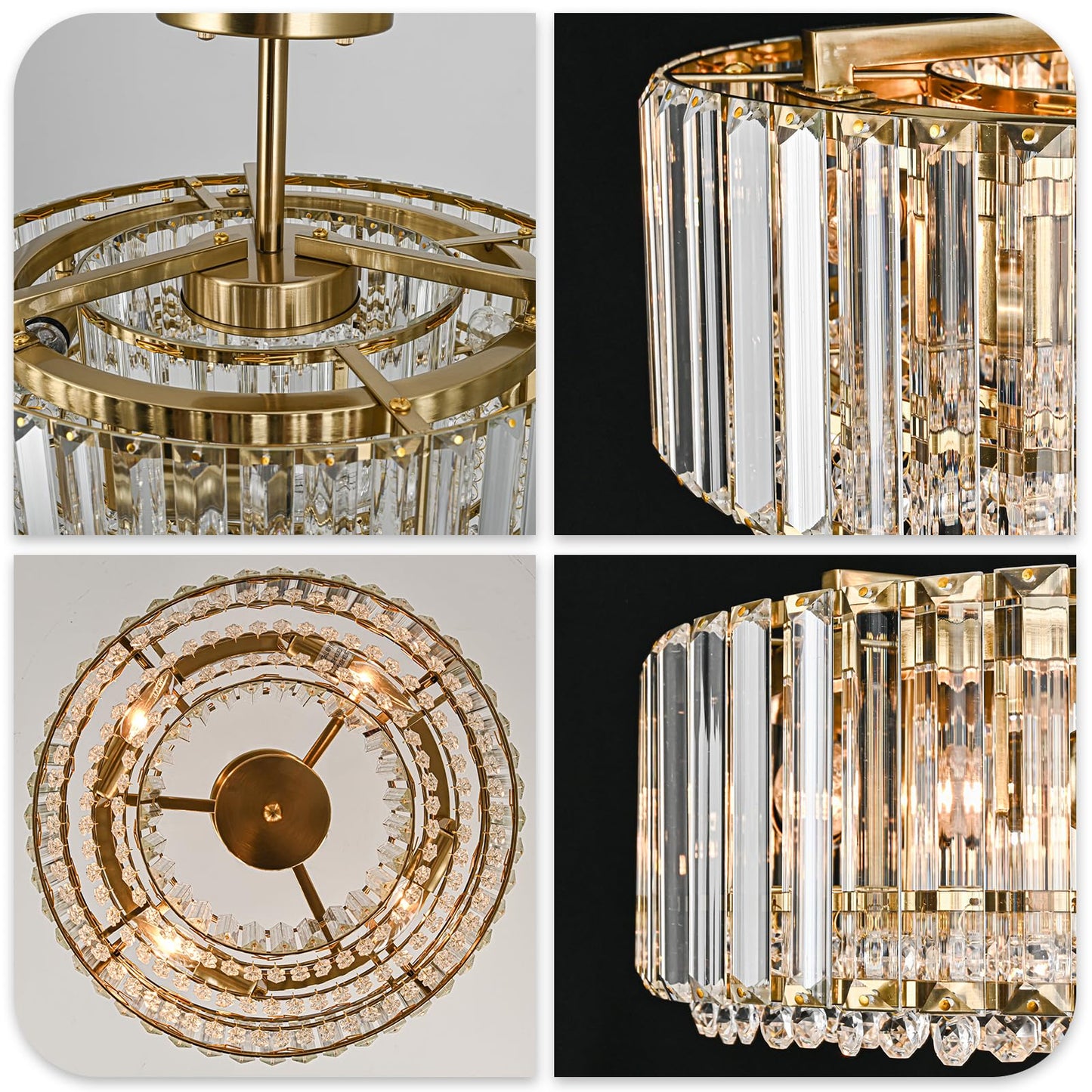 Lingkai 15.8“ Modern Crystal Chandelier Gold Round Semi Flush Mount Ceiling Light Fixture Chandelier for Living Room Dining Room Bedroom Hallway Entryway Kitchen