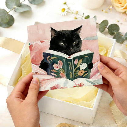 NHGMHBD Funny Black Cat Reading Book Wooden Box Sign 5x5 Inch, Reading Room Nook Corner Decor, Pink Bookish Kitten Decorative Wood Signs for Library Book Room Nook Home Desk Tabletop Shelf Decorations