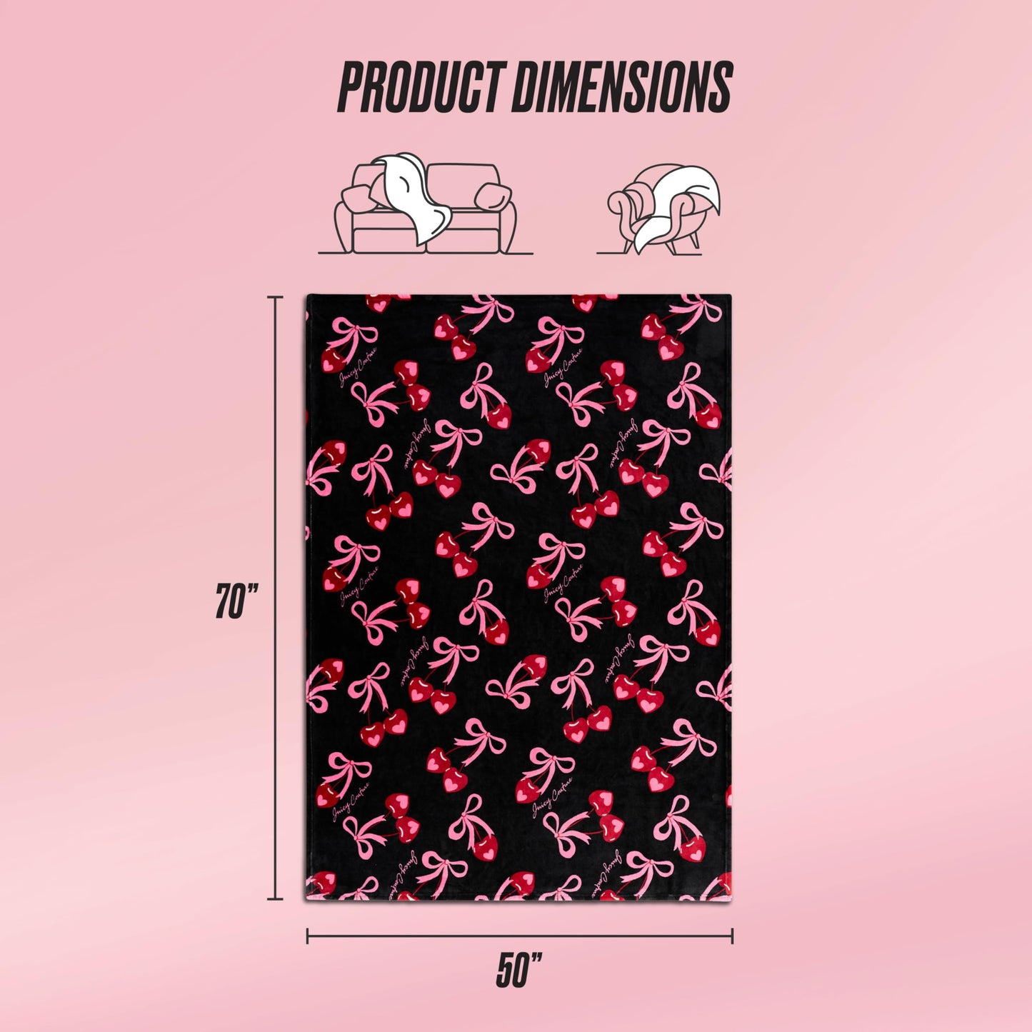 Juicy Couture Sweet Cherry Bows 50" x 70" Plush Throw Blanket, Black - Decorative Blankets for Sofas, Throws for Chairs, and Beds
