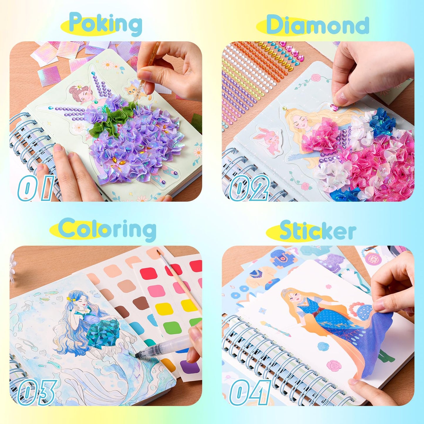 MIROLA KIDS 4 in 1 Poke Craft Kits for Girls, Magic Princess Crafts for Kids Ages 4-8, DIY Activity with Princess Stickers, Watercolor Paint, Diamond Art Gifts for 4 5 6 7 8+ Year Old Girls