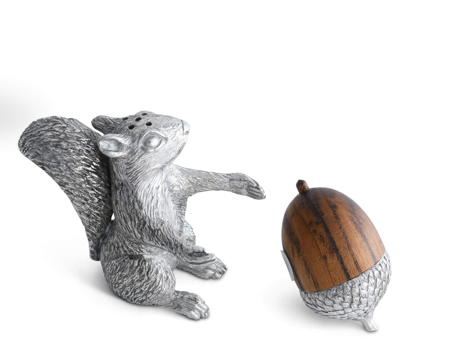 Vagabond House Pewter Squirrel with Wood Acorn Salt and Pepper Shaker Set Fall Harvest Tableware 3 inch Tall