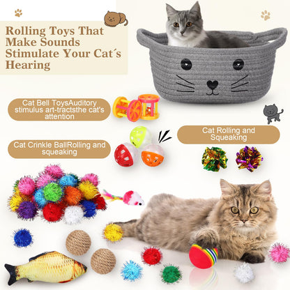 Zopeal 58 Pcs Mother’s Day Cat Storage Basket Gift Toys Set, Colorful Flashing Balls Pet Bell Crinkle Balls Spring Toys Attract Cat to Swat, Hunt, Interactive for Pet(Grey,9.8 Inch)