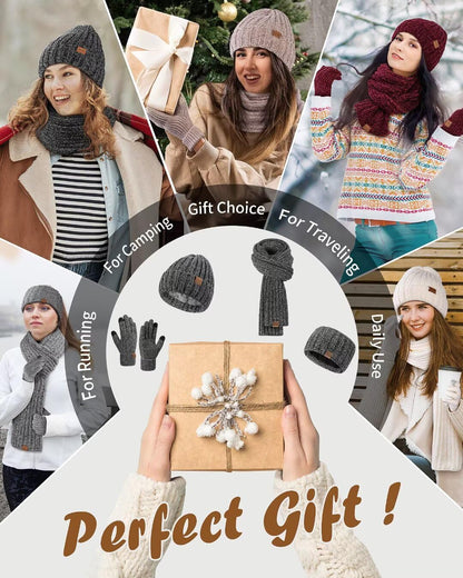 Women Beanie Scarf Gloves Headband Set for Winter, Chenille Beanie Hats Ear Warmer with Fleece Lined Knit Scarf Touchscreen Gloves, 4 in 1 Warm Xmas Gift Set Stocking Stuffers for Women-Beige