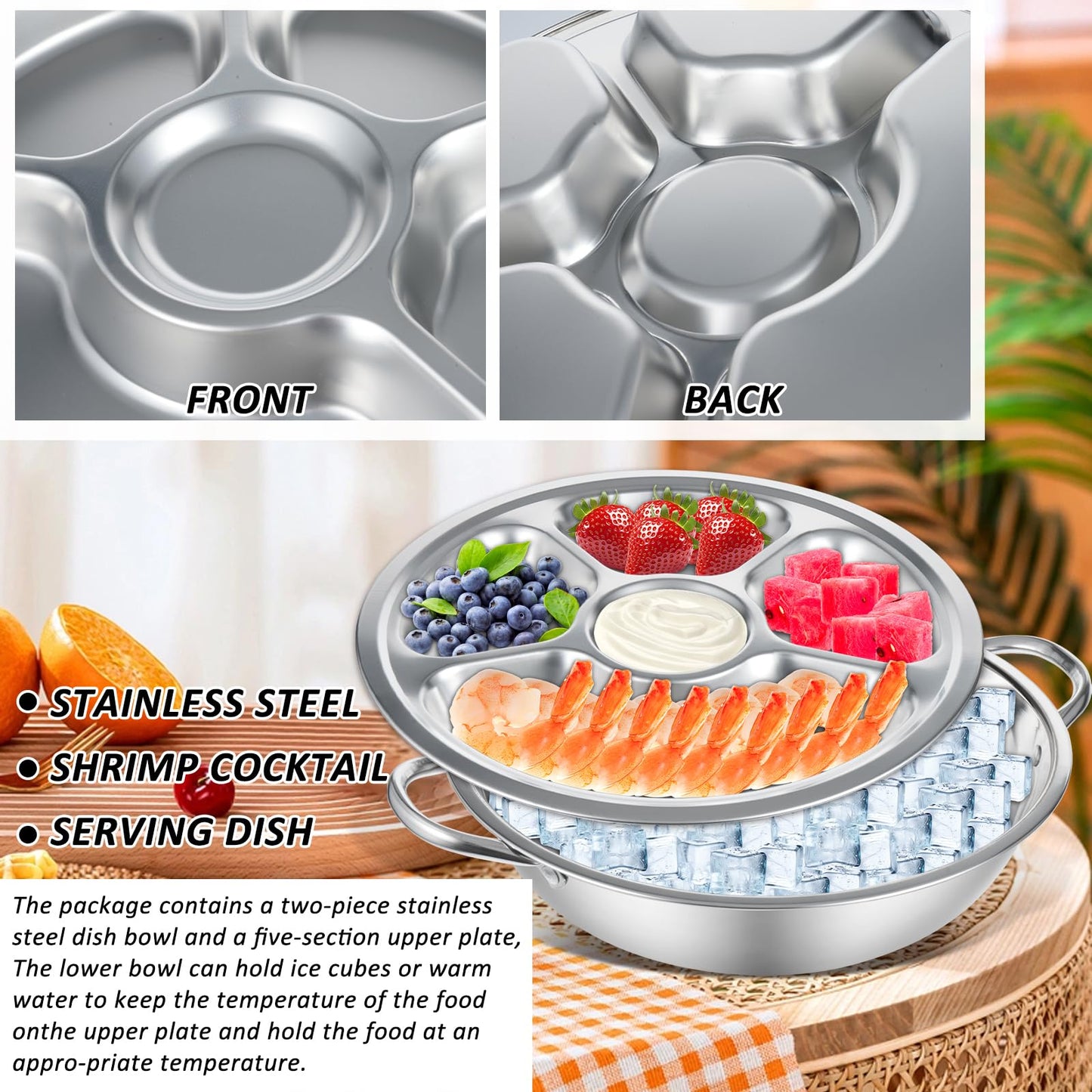 2 Set Shrimp Cocktail Serving Dish 11 Inch Stainless Steel Dip Chiller Serving Bowl, 2 5-Section Chilled Food Trays 2 Round Plate with Handle for Dinner Buffet Seafood Oysters Crawfish Veggie Fruit