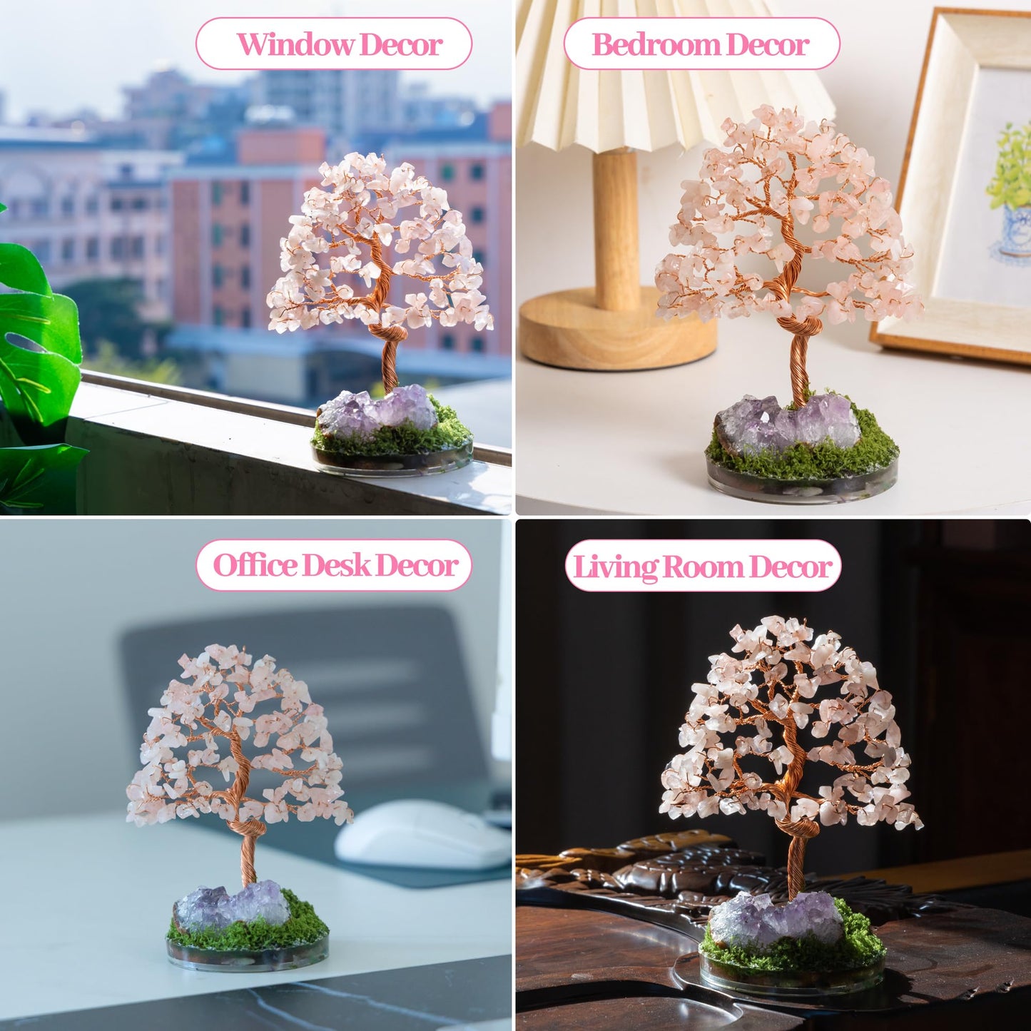 Dreamocean Rose Quartz Crystal Tree of Life Pink Crystal Tree Money Gemstone Bonsai Tree for Positive Energy, Money, Good Luck Feng Shui Spiritual Decor Birthday Gifts for Women （Pink）