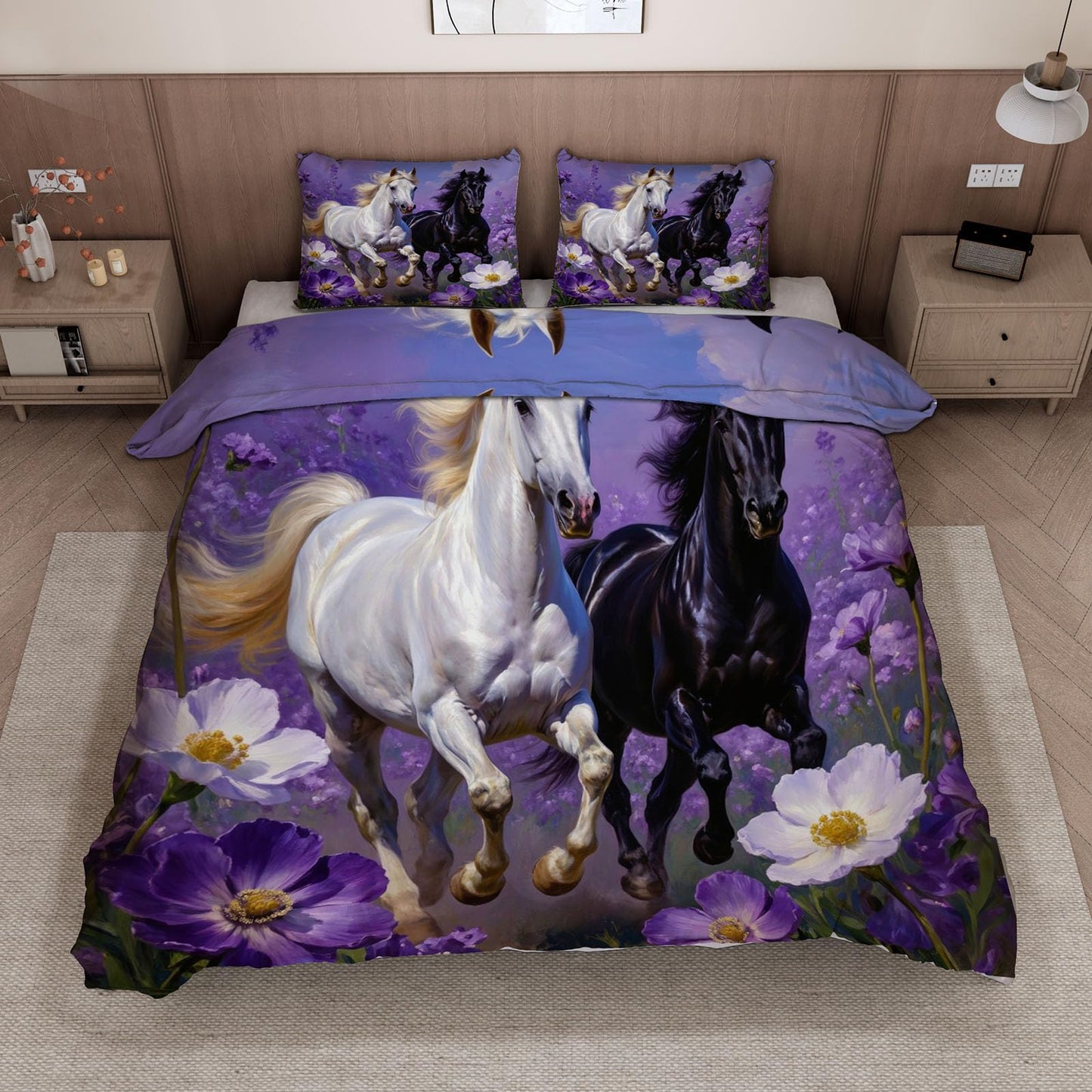 3D Horse Duvet Cover King Size 104x90in Soft Breathable Microfiber Flower Bedding Set Zipper Closure Reversible Comforter Cover 3 Pieces with 2 Pillow Shams (WJT 23-6)