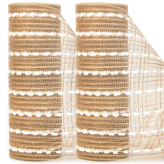 Ribbli Christmas Tree Ribbon Garland-2 Rolls Snowball Natural Burlap Mesh,10 inch x 30 feet(10Yard), Christmas Ribbon for Wreath Swags and Tree