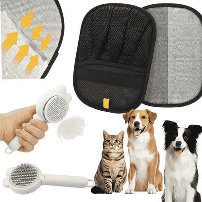 JMTSONS 2 pet Hair Removal Glove & Self Cleaning Cat & Dog Brush Bundle – Reusable Electrostatic Lint Glove for Furniture, Couch Gentle Pets Deshedding Slicker Brush Kit for Shedding.