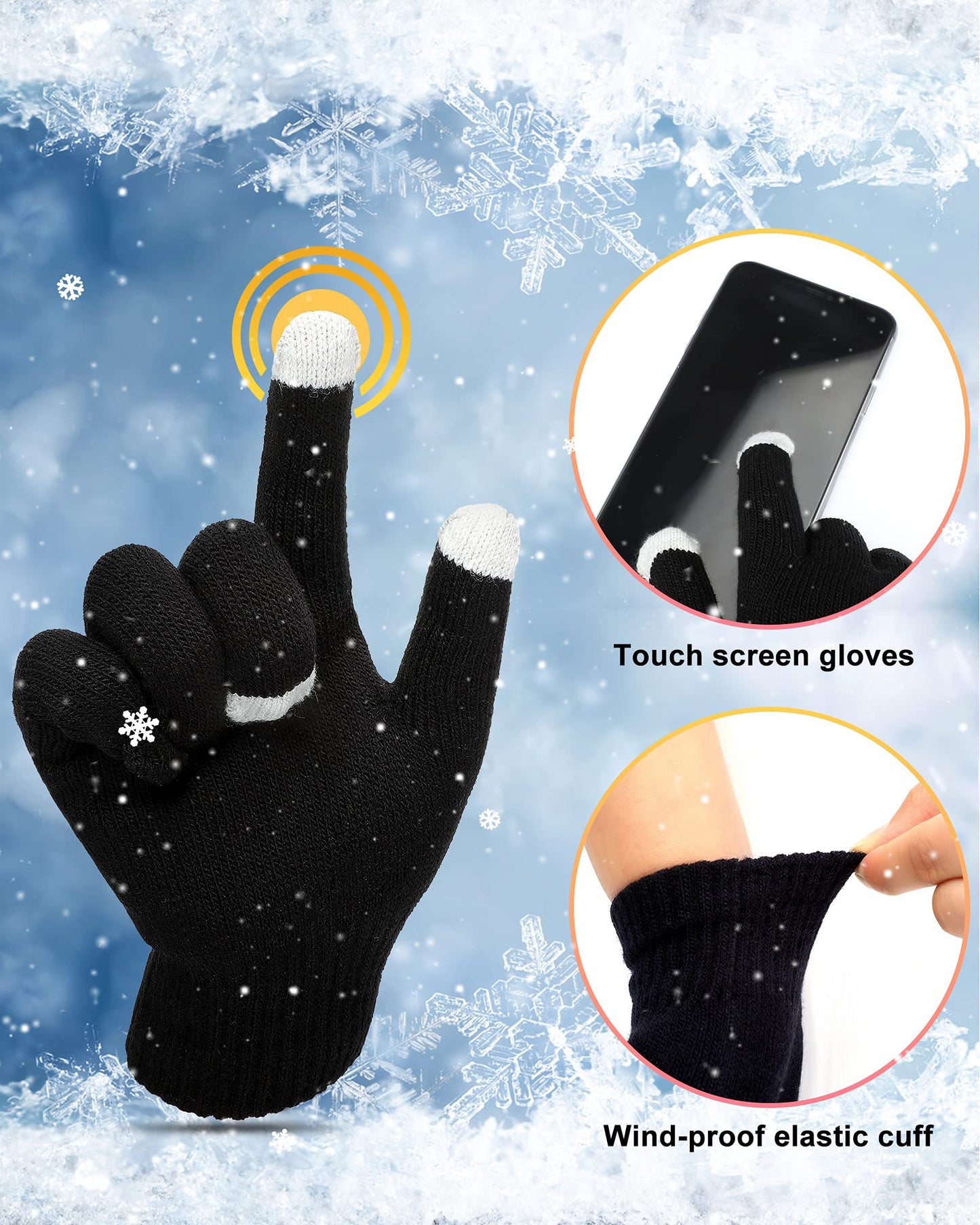 SATINIOR 2 Pieces Satin Lined Winter Hats Women Knitted Pompom Beanies Hat Touchscreen Gloves Set for Women(Black)