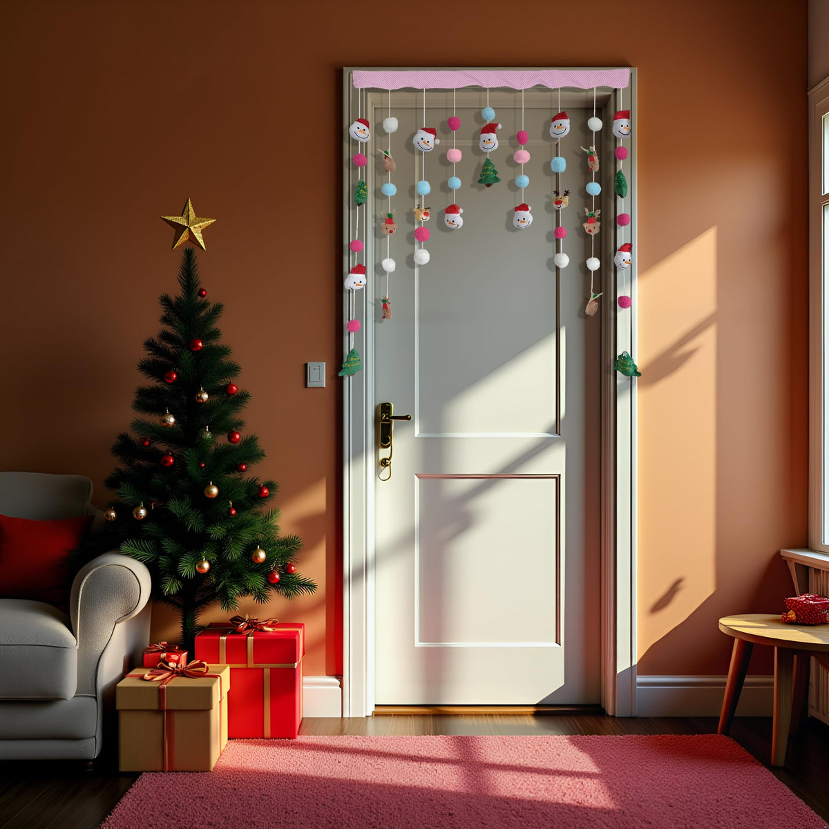 Kynthyre Cute Plush Christmas Curtain for Door Window Wall 33" W x 36" L Self-Adhesive Curtain for Living Room and Bedroom Decor