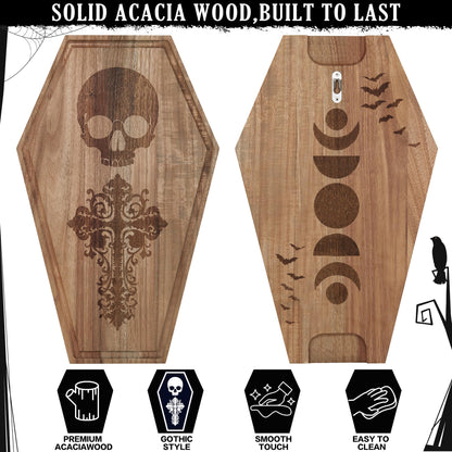 Halloween Coffin Charcuterie Board,Gothic Acacia Wooden Cutting Board for Kitchen Food Display,Skeleton Pattern Serving Tray,Goth Party Decor,Spooky Platter Gifts,17×10.5 Inch