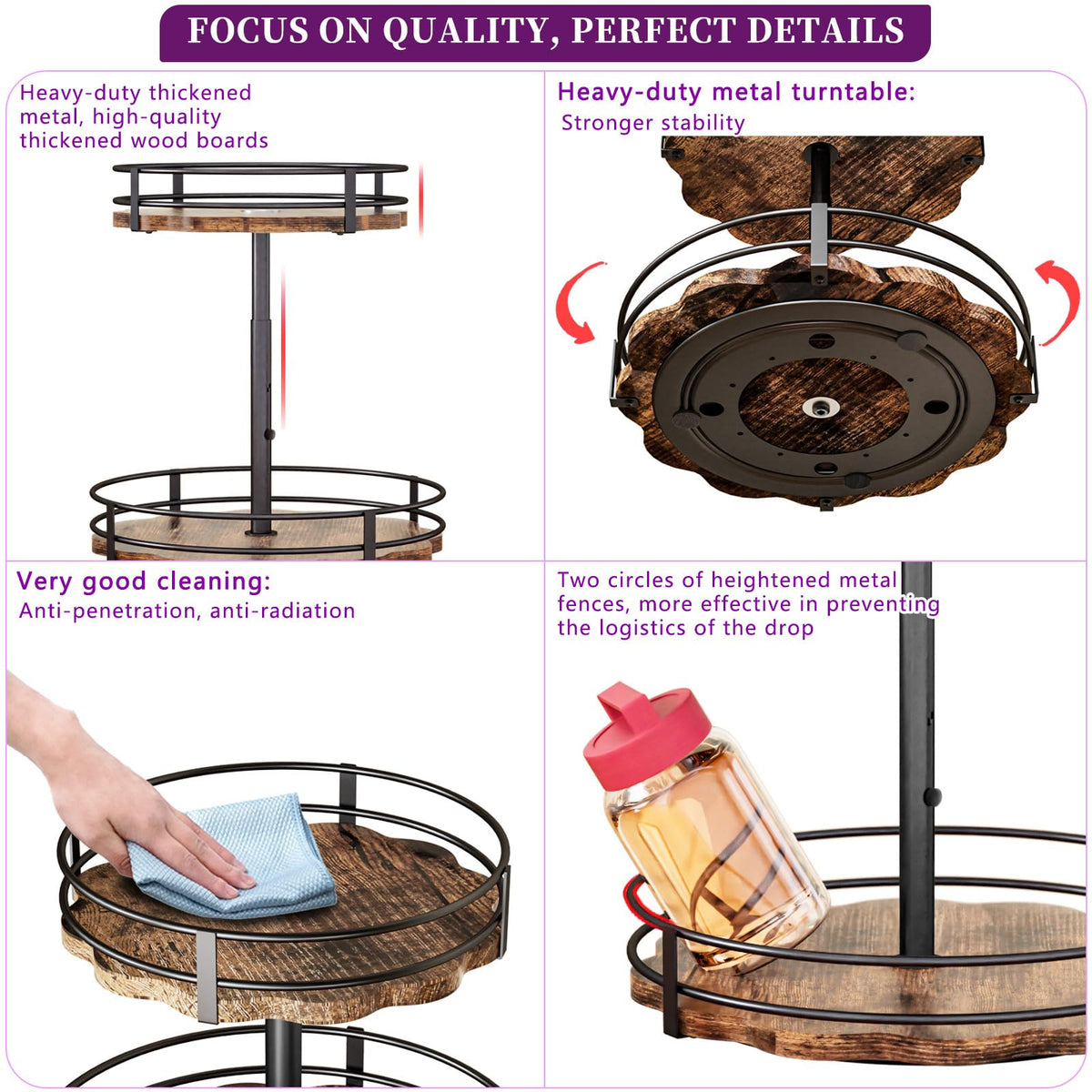 Heavy-Duty 2-Tier Lazy Susan Organizer, Adjustable to Different Heights, Countertop Spice Rack, Upgraded Thickened Wooden Board, Suitable for Seasoning Organizer, Kitchen Organization