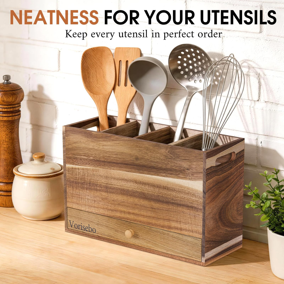 Vorisebo Acacia Wood Kitchen Utensil Holder for Countertop, Large Wooden Utensils Holder with 4 Compartment, Farmhouse Utensil Caddy with Drawer for Storage Cooking and Silverware