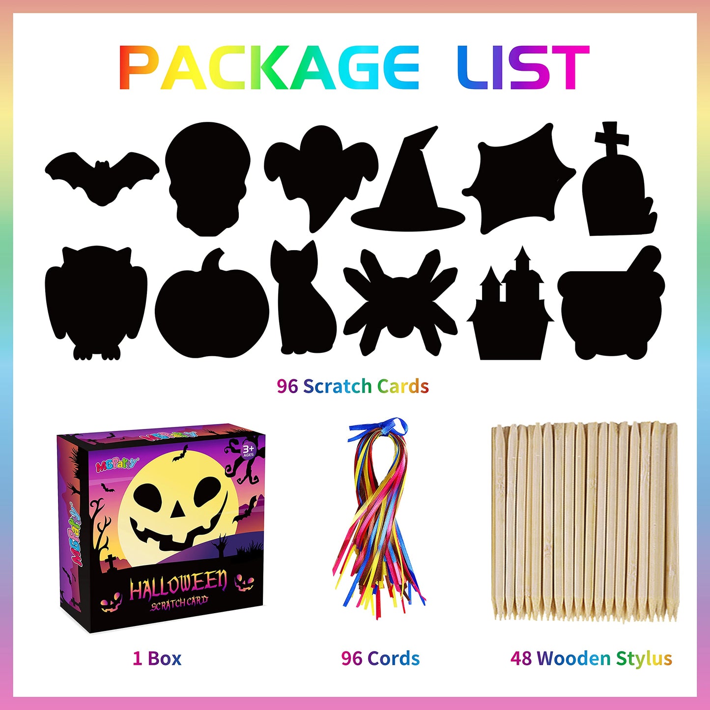 MGparty Scratch Paper Art for Kids - 96 Pcs Halloween Magic Rainbow Scratch Paper Off Cards Set for Kids Crafts Arts Supplies Halloween Party Games Ornaments Birthday Gift
