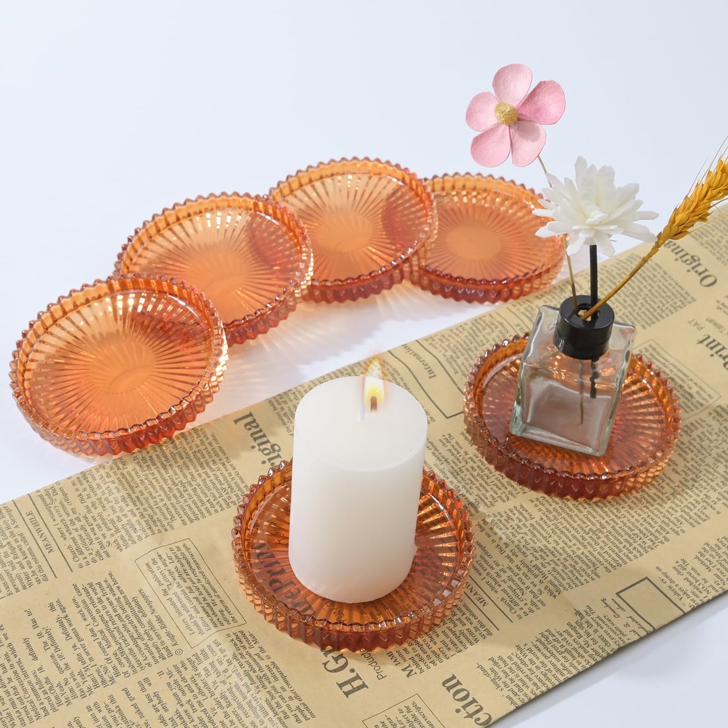 Jollyhilan Glass Coaster 6 Pack Round Cup Coasters for Drinks,Crystal Coffee Coaster,Stylish Drink Coasters for Kitchen Bar Dining Room Living Room Office Decor and Jewelry Storage,Amber