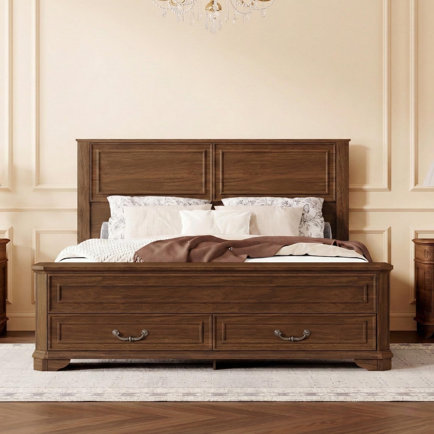 KEIKI Queen Size Farmhouse Style Bed Frame with Storage Bench, 2 Drawers & Lift-Top Compartments, Solid Wood Platform Bed with High Panel Headboard, Under-Bed Storage, No Box Spring Needed, Walnut