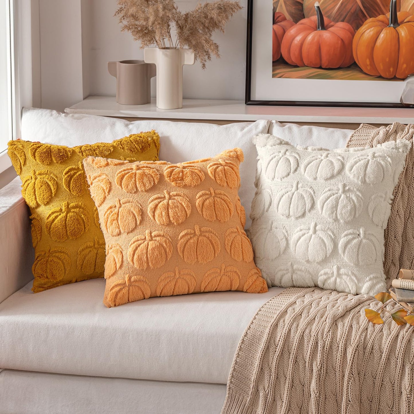 MIULEE Fall Throw Pillow Covers 18x18 Set of 2 Autumn Decorations Beige Pumpkin Accent Pillowcase for Sofa Couch Porch Bed Living Room Soft Plush Faux Fur Halloween Farmhouse Home Decor