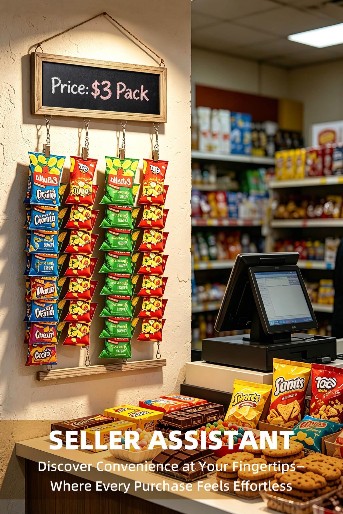 Srillollar Hanging Chip Display Rack Stand, Wall Mounted Chip Holder Display for Potato Chips, Snacks, Candy, Wooden Snack Organizer Rack with Display Board for Party, Retail, Home, Office (40 Clips)