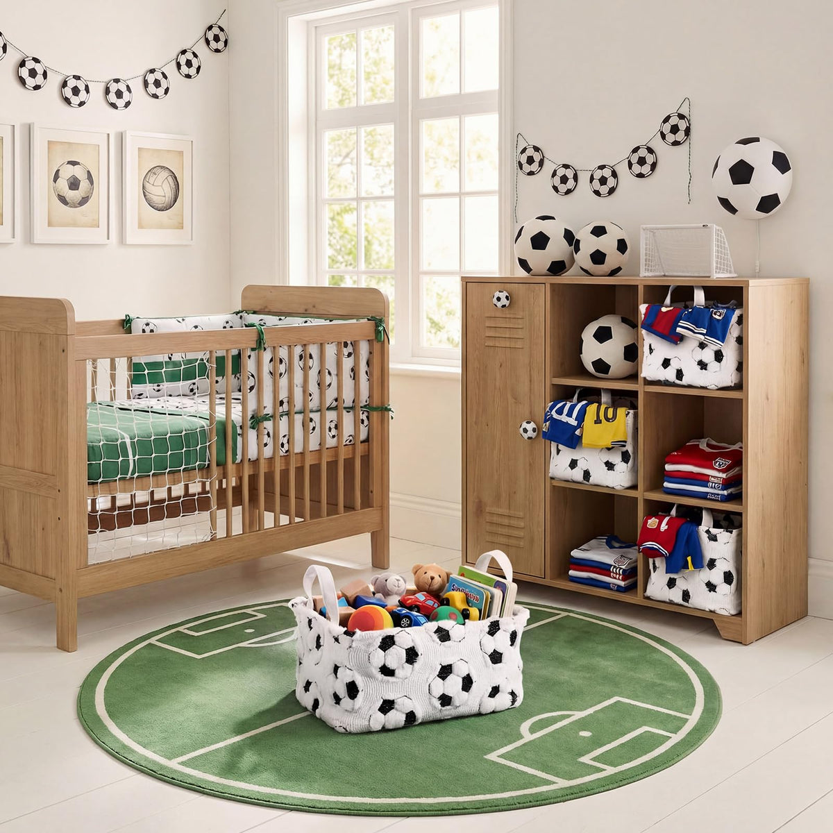 Yiyiring 2 Pcs Soccer Storage Baskets 14x10'' Back to School Gift Basket Foldable Fluffy Laundry Storage Bin with Handle Sport Theme Closet Organizer for Preppy Dormitory Countertop Tabletop Shelf