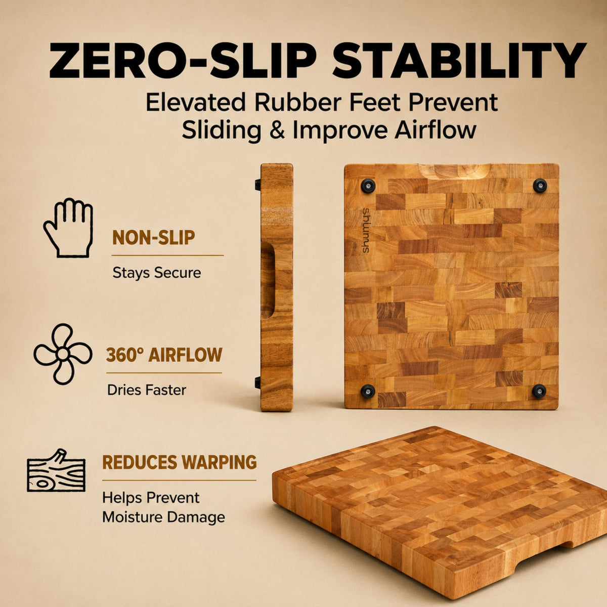 SHUMARU End-Grain Mahogany Cutting Board, 17×13×1.6" Thick Butcher Block with Juice Groove, Knife-Friendly Wood Chopping Block, Non-Slip Rubber Feet, Hand Grips, Heavy-Duty Prep & Serving Board